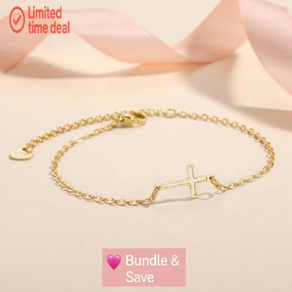 14K Gold Plated Sideways Cross Bracelet Adjustable Rolo Chain - Picture 3 of 7